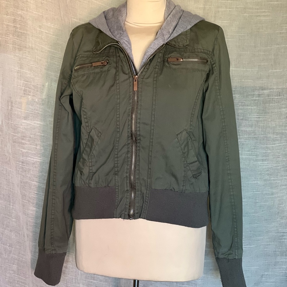 Green zippered Jacket with built in gray hoodie